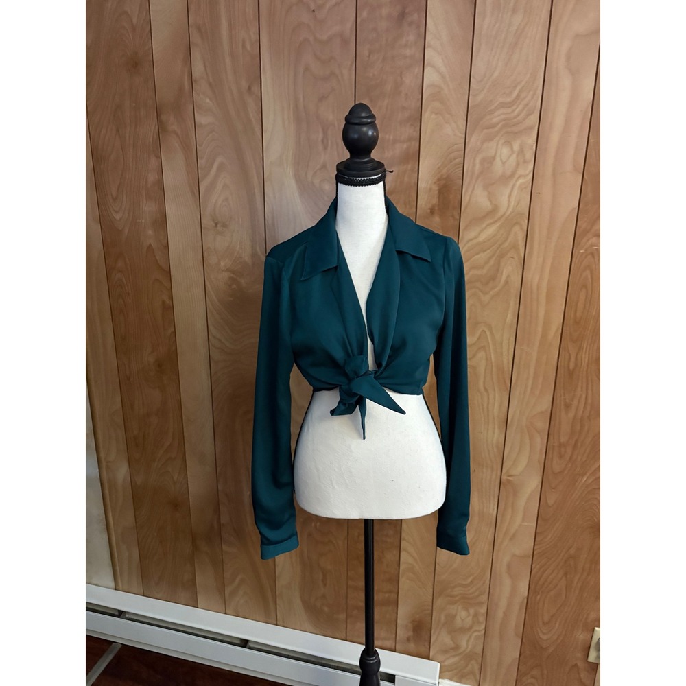 Tobi Womens Forest Green Cropped Tie Front Long Sleeve Top Small
